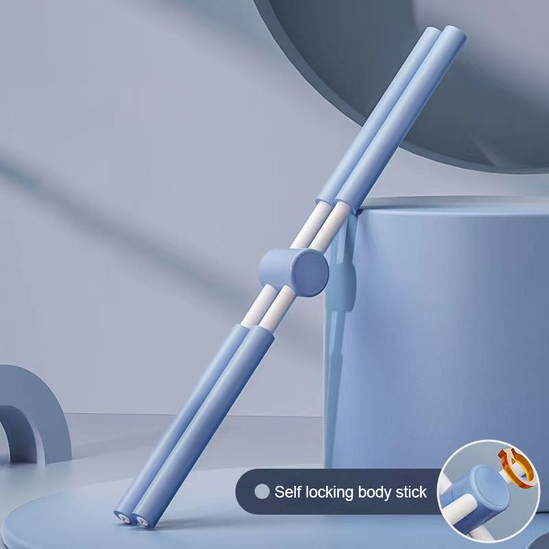 The Yoga Stick, a blue self-locking body stick with two handles and a central hinge, stands upright against a minimal geometric blue background. An inset highlights the Yoga Stick’s locking mechanism in close-up detail.