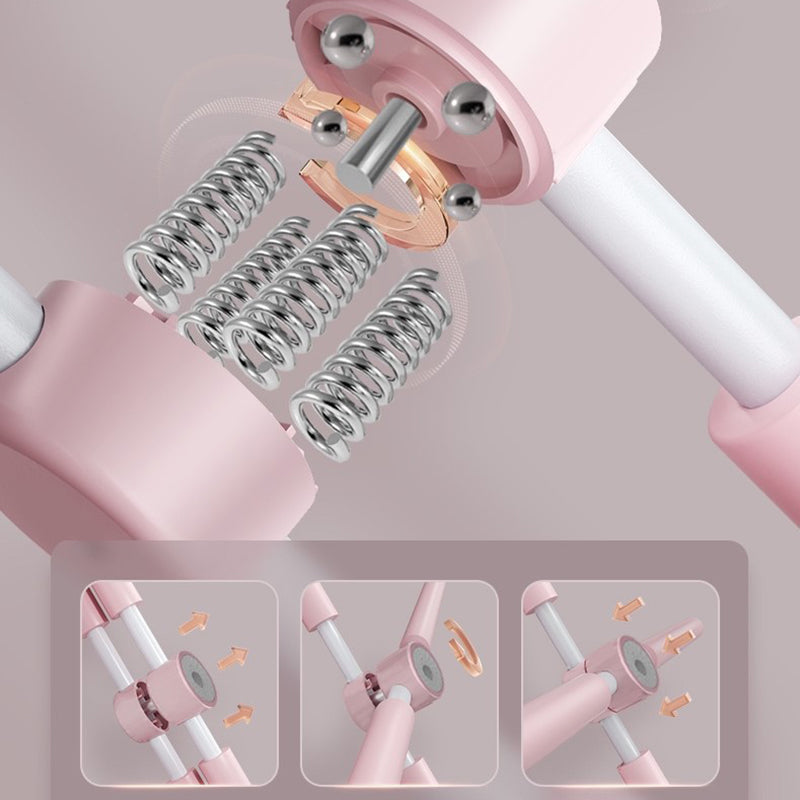 An exploded view of the pink SpineCrack Stick reveals three internal coiled metal springs. Three inset images below, with arrows, show step-by-step assembly and how each part of the device fits together.