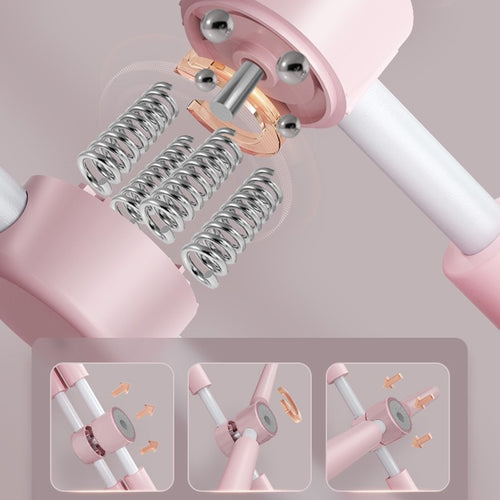 An exploded view of the pink SpineCrack Stick reveals three internal coiled metal springs. Three inset images below, with arrows, show step-by-step assembly and how each part of the device fits together.