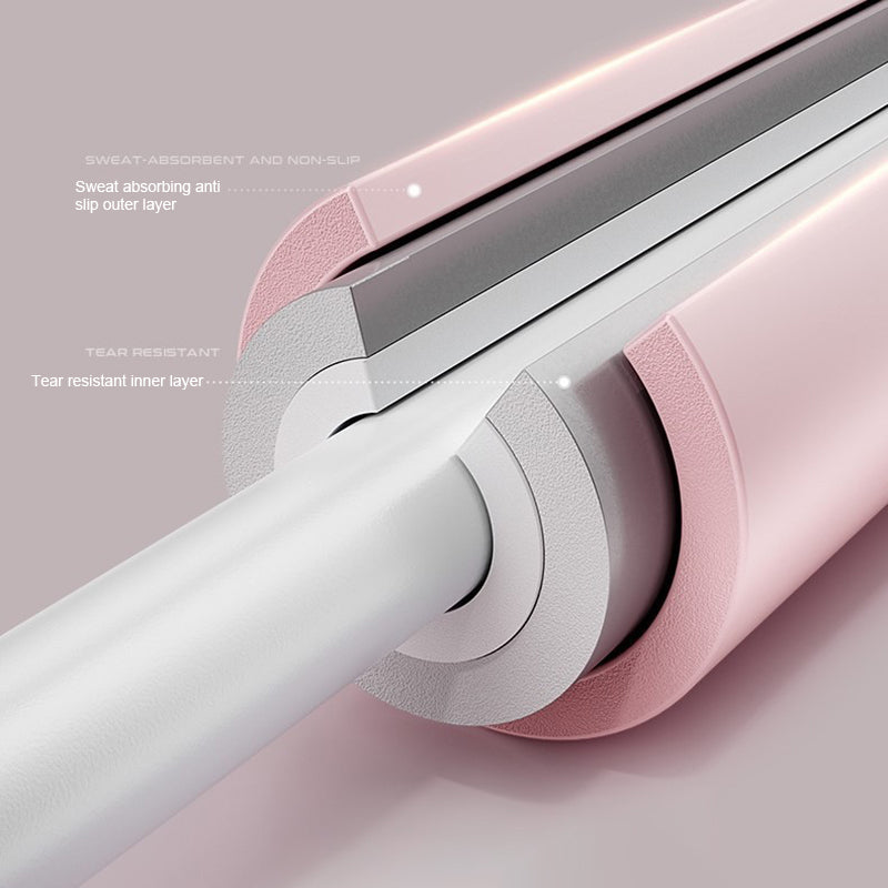 Cross-section of the Yoga Stick exercise mat showing labeled layers: sweat-absorbing, anti-slip outer layer and tear-resistant inner layer.