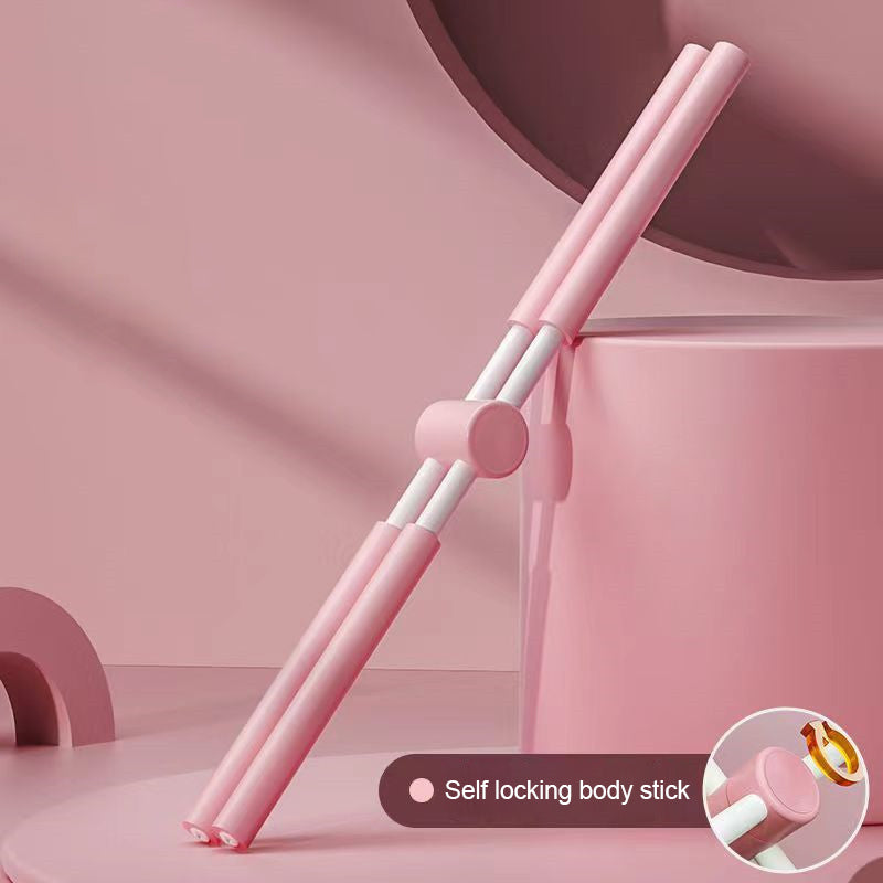 A pink Yoga Stick is displayed against a matching pink background, with a close-up inset highlighting its locking mechanism. The adjustable stick is labeled “Yoga Stick.”.